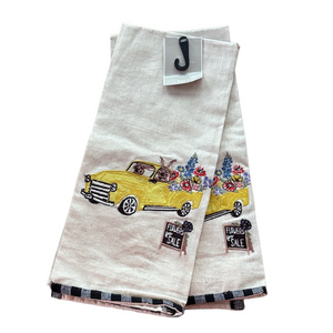 Pier 1 Embroidered Easter Tea Towels (2) Black Gingham Rabbits Yellow Car